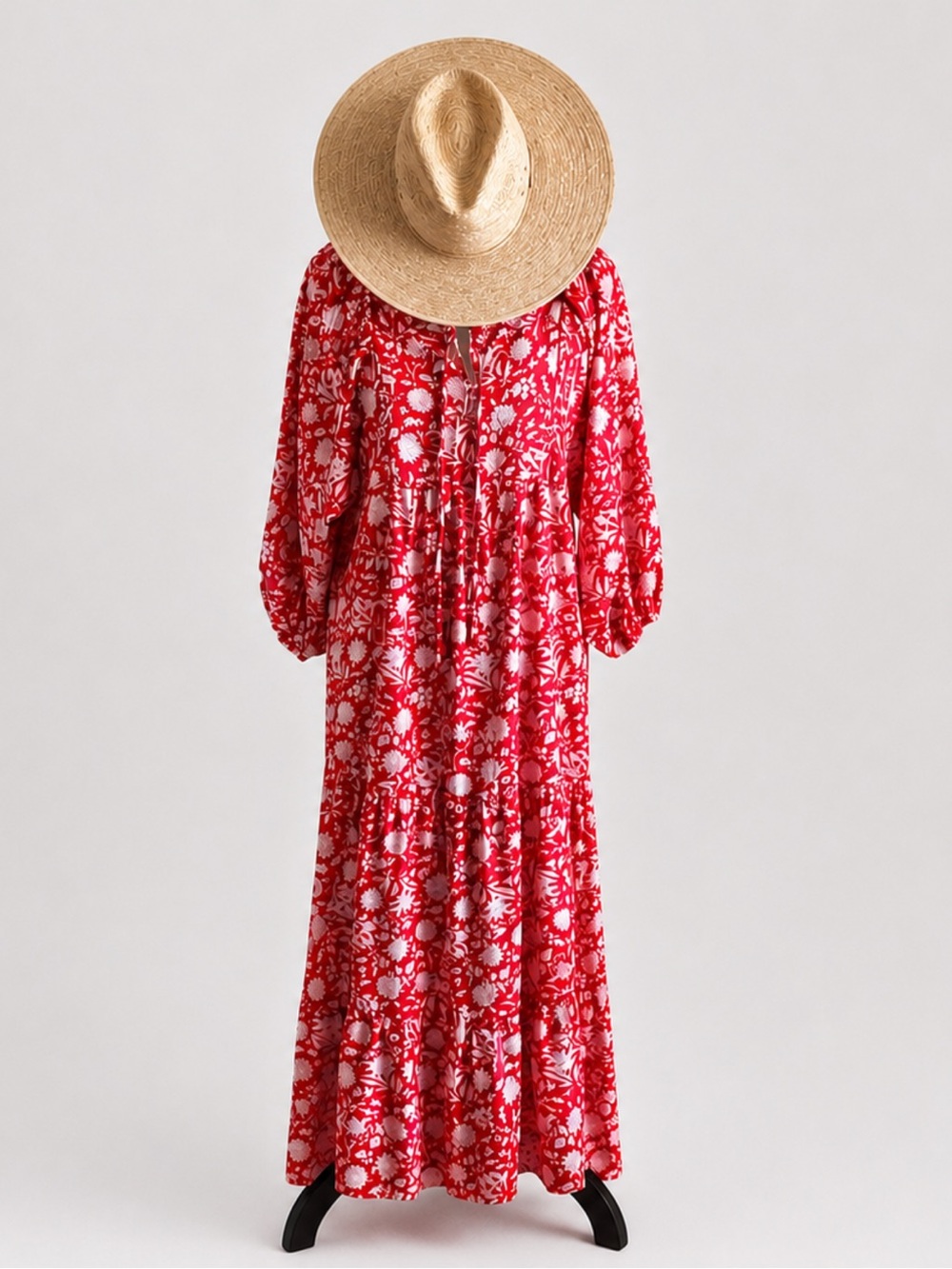 Red Floral Maxi Dress with Tiered Skirt